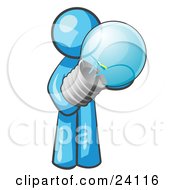 Poster, Art Print Of Light Blue Man Holding A Glass Electric Lightbulb Symbolizing Utilities Or Ideas
