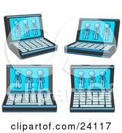 Poster, Art Print Of Four Laptop Computers With Three Light Blue Men On Each Screen