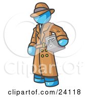 Poster, Art Print Of Secretive Light Blue Man In A Trench Coat And Hat Carrying A Box With A Question Mark On It