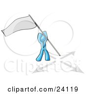 Clipart Illustration Of A Light Blue Man Claiming Territory Or Capturing The Flag by Leo Blanchette