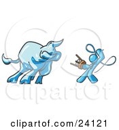 Poster, Art Print Of Light Blue Man Holding A Stool And Whip While Taming A Bull Bull Market