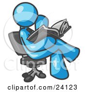 Poster, Art Print Of Light Blue Man Sitting Cross Legged In A Chair And Reading A Book