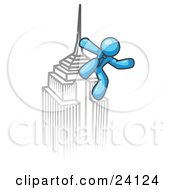 Poster, Art Print Of Light Blue Man Climbing To The Top Of A Skyscraper Tower Like King Kong Success Achievement