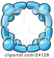 Clipart Illustration Of Four Light Blue People Standing In A Circle And Holding Hands For Teamwork And Unity