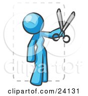 Poster, Art Print Of Light Blue Lady Character Snipping Out A Coupon With A Pair Of Scissors Before Going Shopping