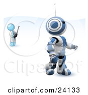 Light Blue Man Inventor Operating An Blue Robot With A Remote Control