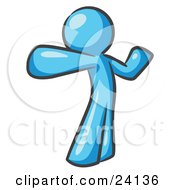 Clipart Illustration Of A Light Blue Man Stretching His Arms And Back Or Punching The Air