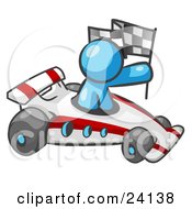 Poster, Art Print Of Light Blue Man Driving A Fast Race Car Past Flags While Racing