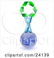 Poster, Art Print Of Light Blue Man Standing On Top Of The Blue Planet Earth And Holding Up Three Green Arrows Forming A Triangle And Moving In A Clockwise Motion Symbolizing Renewable Energy And Recycling