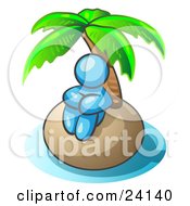 Poster, Art Print Of Light Blue Man Sitting All Alone With A Palm Tree On A Deserted Island