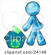 Poster, Art Print Of Light Blue Man Tossing A Plastic Container Into A Recycle Bin Symbolizing Someone Doing Their Part To Help The Environment And To Be Earth Friendly