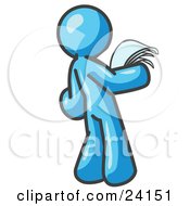 Clipart Illustration Of A Serious Light Blue Man Reading Papers And Documents