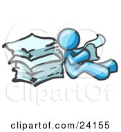 Poster, Art Print Of Light Blue Man Leaning Against A Stack Of Papers