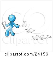 Light Blue Man Dropping White Sheets Of Paper On A Ground And Leaving A Paper Trail Symbolizing Waste