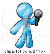 Poster, Art Print Of Light Blue Man A Comedian Or Vocalist Wearing A Tie Standing On Stage And Holding A Microphone While Singing Karaoke Or Telling Jokes