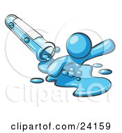 Poster, Art Print Of Light Blue Man Emerging From Spilled Chemicals Pouring Out Of A Glass Test Tube In A Laboratory