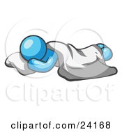 Clipart Illustration Of A Comfortable Light Blue Man Sleeping On The Floor With A Sheet Over Him