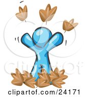 Poster, Art Print Of Carefree Light Blue Man Tossing Up Autumn Leaves In The Air Symbolizing Happiness And Freedom