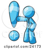 Clipart Illustration Of A Light Blue Businessman Standing By A Large Exclamation Point