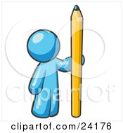 Light Blue Man Holding Up And Standing Beside A Giant Yellow Number Two Pencil by Leo Blanchette
