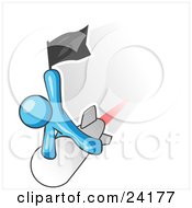 Clipart Illustration Of A Light Blue Man Waving A Flag While Riding On Top Of A Fast Missile Or Rocket Symbolizing Success