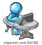 Clipart Illustration Of A Light Blue Man Working On A Laptop Computer In An Office