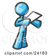 Clipart Illustration Of A Light Blue Businessman Holding A Piece Of Paper During A Speech Or Presentation