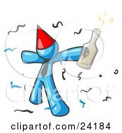 Poster, Art Print Of Happy Light Blue Man Partying With A Party Hat Confetti And A Bottle Of Liquor