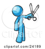 Clipart Illustration Of A Light Blue Woman Standing And Holing Up A Pair Of Scissors