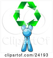 Poster, Art Print Of Light Blue Man Holding Up Three Green Arrows Forming A Triangle And Moving In A Clockwise Motion Symbolizing Renewable Energy And Recycling