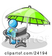 Poster, Art Print Of Traveling Light Blue Business Man Sitting Under An Umbrella At A Table Using A Laptop Computer