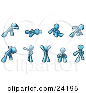 Clipart Illustration Of A Light Blue Man Doing Different Exercises And Stretches In A Fitness Gym