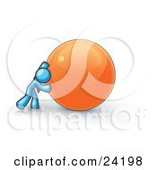 Poster, Art Print Of Strong Light Blue Business Man Pushing An Orange Sphere