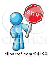 Light Blue Man Holding A Red Stop Sign