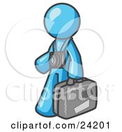 Poster, Art Print Of Light Blue Male Tourist Carrying His Suitcase And Walking With A Camera Around His Neck
