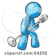 Clipart Illustration Of A Light Blue Man In A Tie Singing Songs On Stage During A Concert Or At A Karaoke Bar While Tipping The Microphone by Leo Blanchette