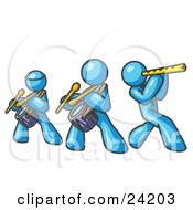 Three Light Blue Men Playing Flutes And Drums At A Music Concert