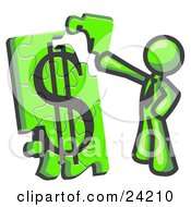Lime Green Businessman Putting A Dollar Sign Puzzle Together
