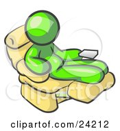 Chubby And Lazy Lime Green Man With A Beer Belly Sitting In A Recliner Chair With His Feet Up