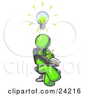 Smart Lime Green Man Seated With His Legs Crossed Brainstorming And Writing Ideas Down In A Notebook Lightbulb Over His Head