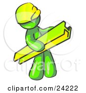 Lime Green Man Construction Worker Wearing A Hardhat And Carrying A Beam At A Work Site