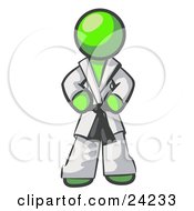 Tough Lime Green Man In A White Karate Suit And A Black Belt Standing With His Hands On His Hips