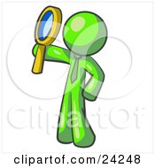 Clipart Illustration Of A Lime Green Man Holding Up A Magnifying Glass And Peering Through It While Investigating Or Researching Something