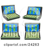 Four Laptop Computers With Three Lime Green Men On Each Screen