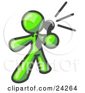 Clipart Illustration Of A Lime Green Man Holding A Megaphone And Making An Announcement