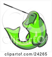 Clipart Illustration Of A Lime Green Fish Jumping Up And Biting A Hook On A Fishing Line