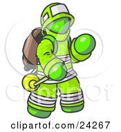 Lime Green Fireman In A Uniform Fighting A Fire