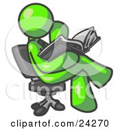 Lime Green Man Sitting Cross Legged In A Chair And Reading A Book