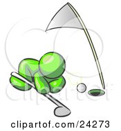 Clipart Illustration Of A Lime Green Man Down On The Ground Trying To Blow A Golf Ball Into The Hole by Leo Blanchette