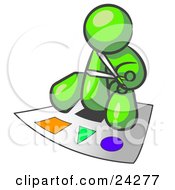 Lime Green Man Holding A Pair Of Scissors And Sitting On A Large Poster Board With Colorful Shapes